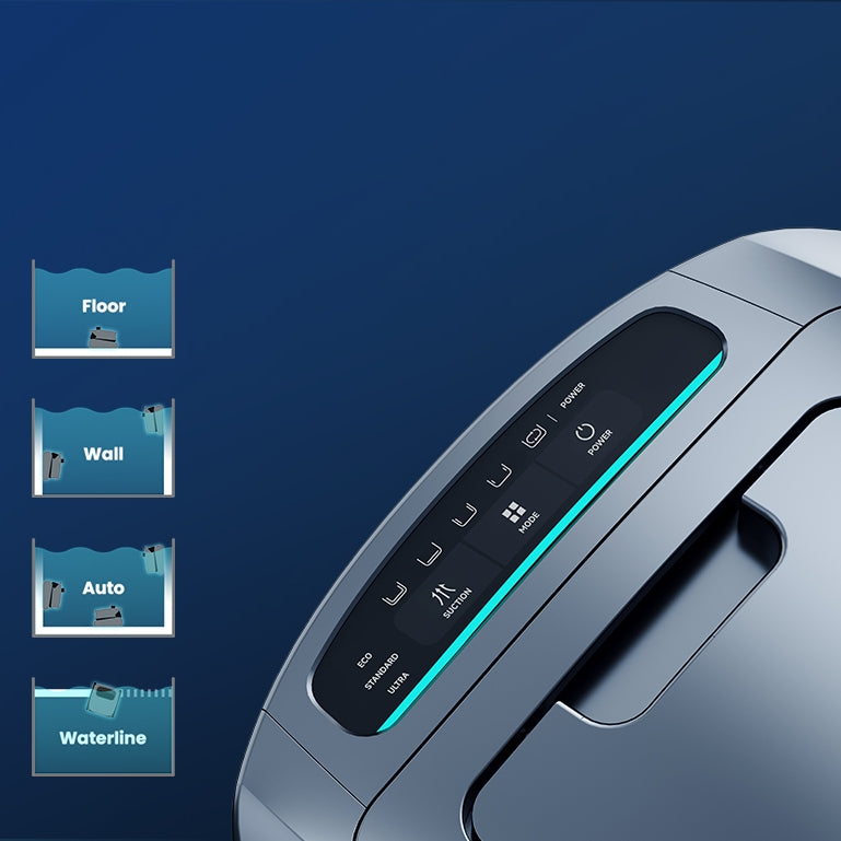 Four cleaning modes — Auto, Floor, Wall, Waterline — and on-device controls